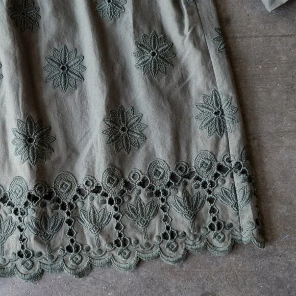 Diane Von Furstenberg Olive Green Floral Embroidered Long Sleeve Shirt Dress